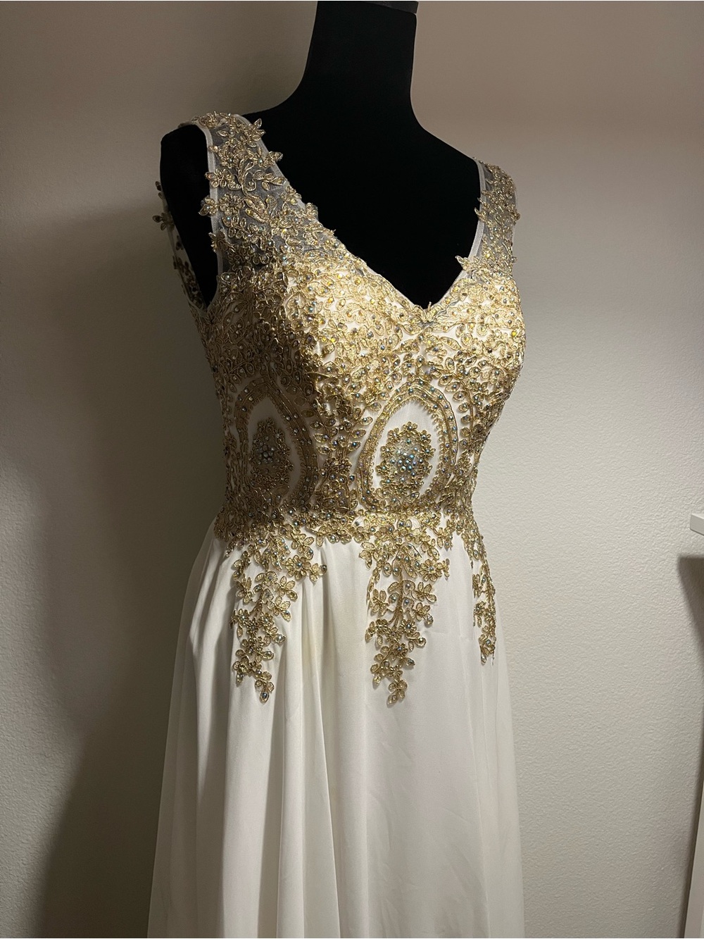 Gold-Embellished White Prom Gown with V-Neck Bodice